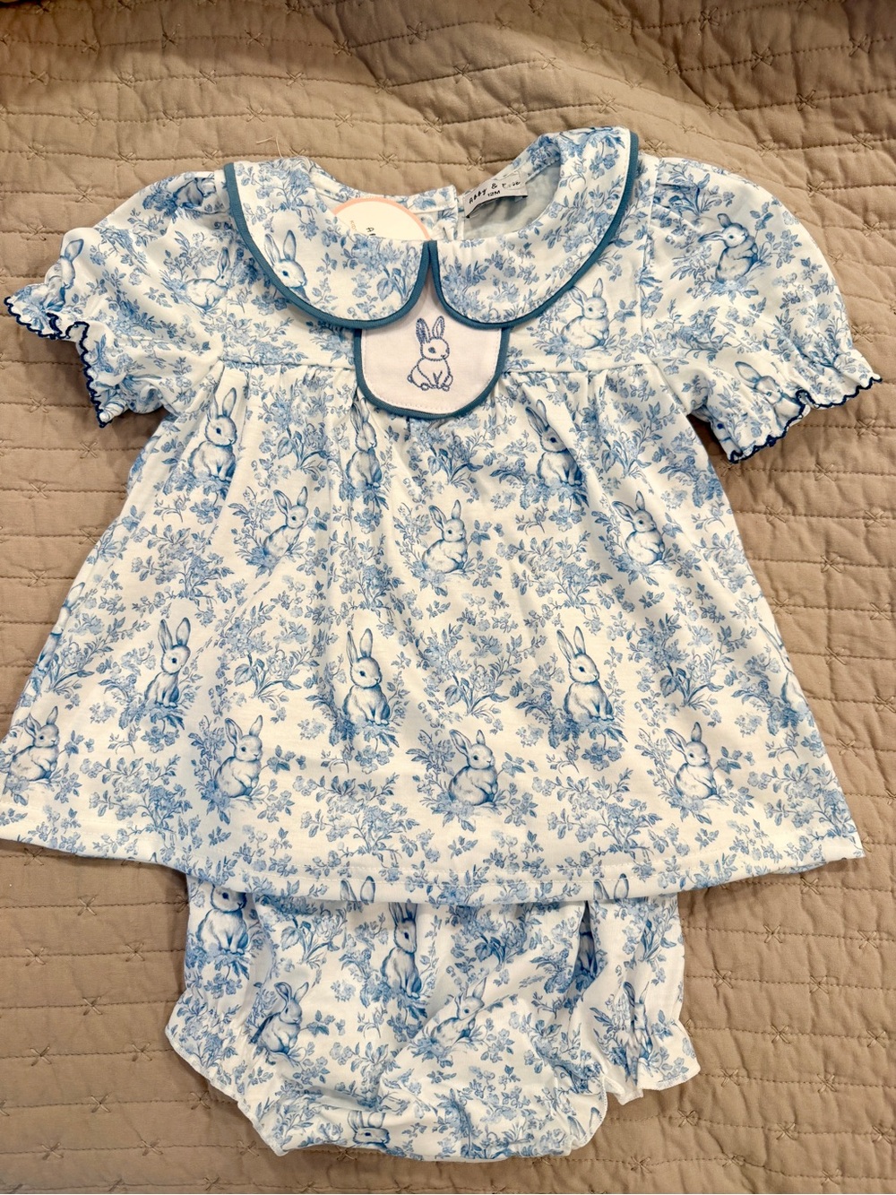 NWT Abby & Evie Girl 12M Easter Bunny Outfit Blue Toile Smocked Set Boutique